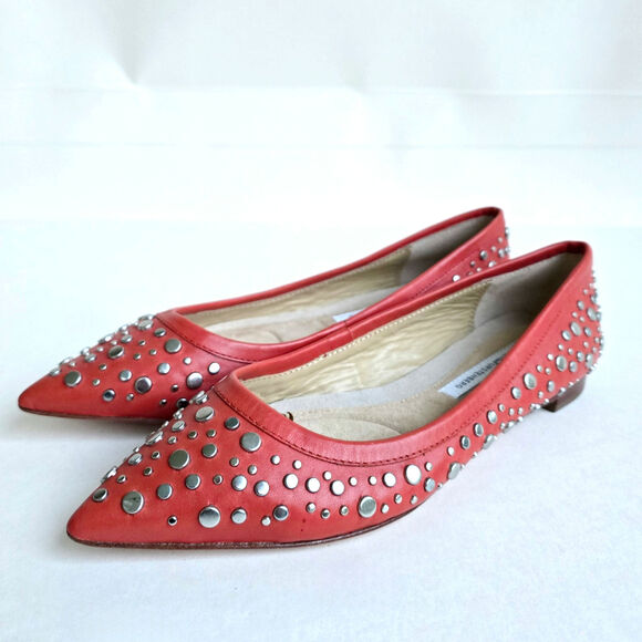 DVF Stud Flats Size 7.5 Orange Leather Silver Studded PointedToe Furstenberg Ara - Picture 4 of 13